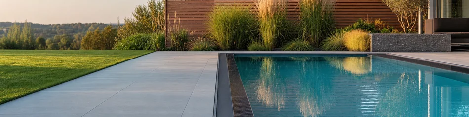 Polypropylen-Pool mit Überlaufrinne in einem modernen Garten